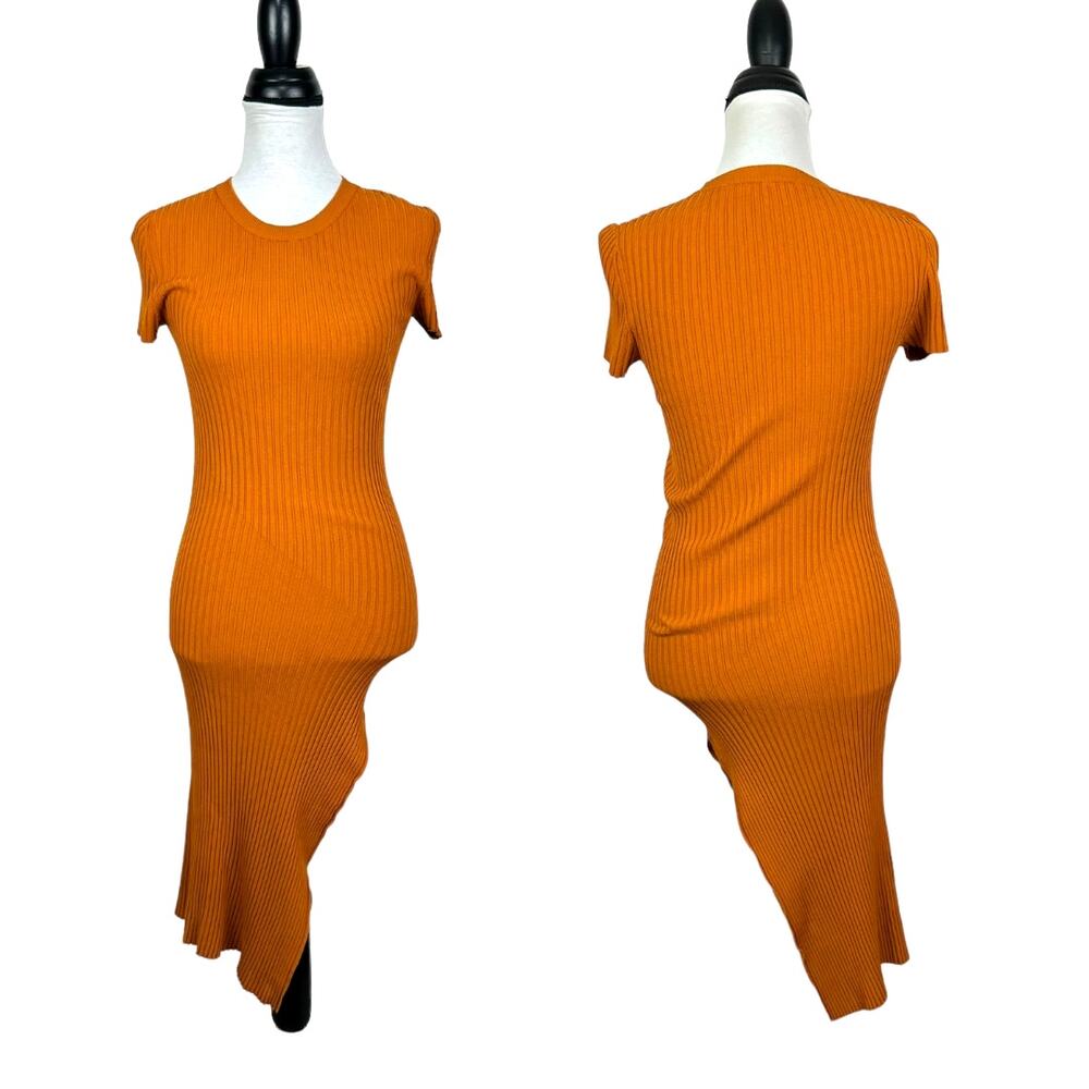 A.L.C. Minetta Orange Ribbed Fitted Bodycon Asymmetrical Slit Dress - Picture 3 of 10